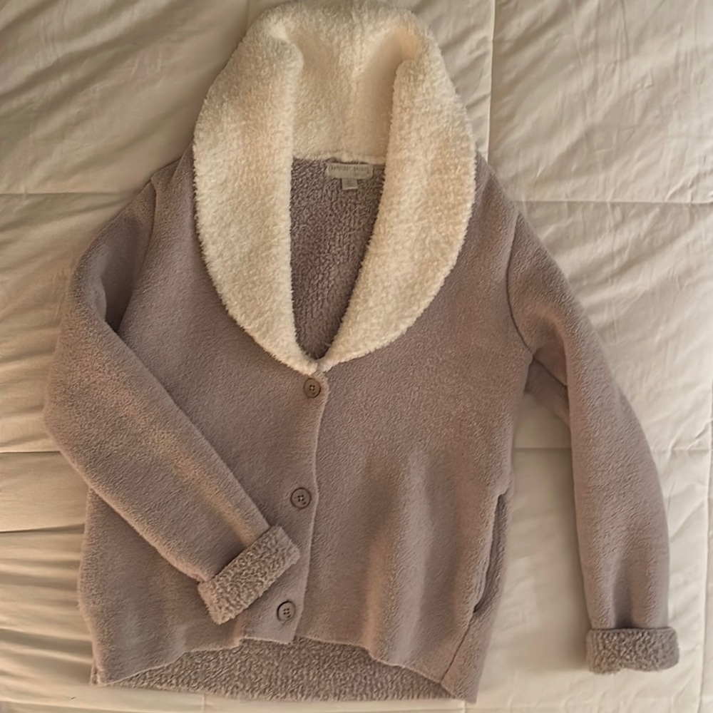 Barefoot Dreams CozyChic Faux-Shearling Cardi in light gray (xs)